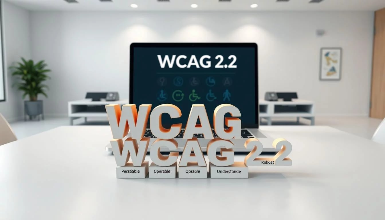 A high-resolution, photorealistic image of the "WCAG 2.2" standards, showcasing the key principles and guidelines for web accessibility. The scene depicts a sleek, modern workspace with a large desk and a laptop displaying the WCAG 2.2 logo, designed by marc loic. The foreground features a stylized, three-dimensional representation of the WCAG principles, such as perceivable, operable, understandable, and robust. The middle ground includes various accessibility icons and symbols, while the background showcases a clean, minimalist environment with muted colors and soft lighting, conveying a sense of professionalism and innovation. A high-resolution, photorealistic image of the "WCAG 2.2" standards, showcasing the key principles and guidelines for web accessibility. The scene depicts a sleek, modern workspace with a large desk and a laptop displaying the WCAG 2.2 logo, designed by marc loic. The foreground features a stylized, three-dimensional representation of the WCAG principles, such as perceivable, operable, understandable, and robust. The middle ground includes various accessibility icons and symbols, while the background showcases a clean, minimalist environment with muted colors and soft lighting, conveying a sense of professionalism and innovation.