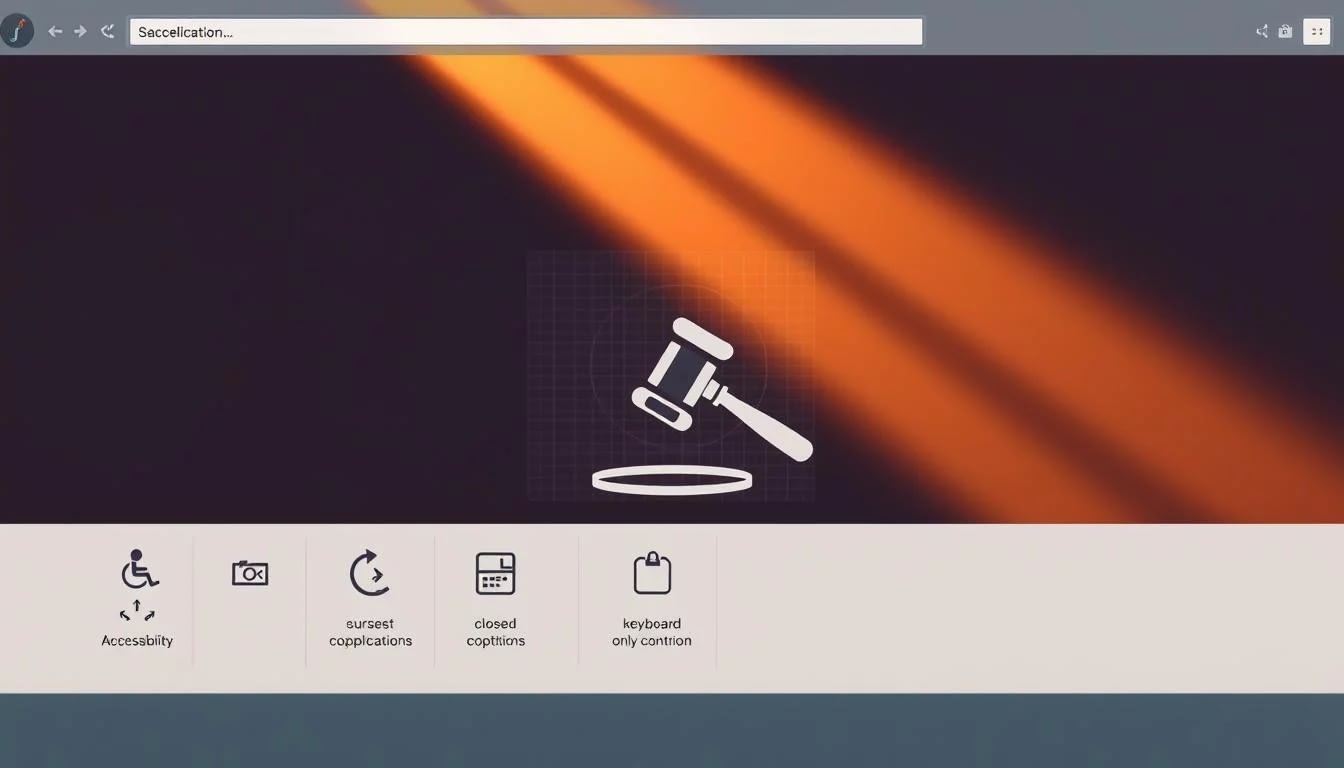 A sleek, modern web interface with intuitive navigation and crisp, high-contrast visuals. In the foreground, a series of bold, cursive icons representing accessibility features like screen readers, closed captions, and keyboard-only controls. The middle ground features a striking, minimalist graphic of a gavel, symbolizing the consequences of non-compliance. In the background, a subtle grid pattern evokes a sense of structure and order. Warm, directional lighting from the top left casts dramatic shadows, lending an air of authority and gravitas. Rendered in the distinct "marc loic" design aesthetic. A sleek, modern web interface with intuitive navigation and crisp, high-contrast visuals. In the foreground, a series of bold, cursive icons representing accessibility features like screen readers, closed captions, and keyboard-only controls. The middle ground features a striking, minimalist graphic of a gavel, symbolizing the consequences of non-compliance. In the background, a subtle grid pattern evokes a sense of structure and order. Warm, directional lighting from the top left casts dramatic shadows, lending an air of authority and gravitas. Rendered in the distinct "marc loic" design aesthetic.