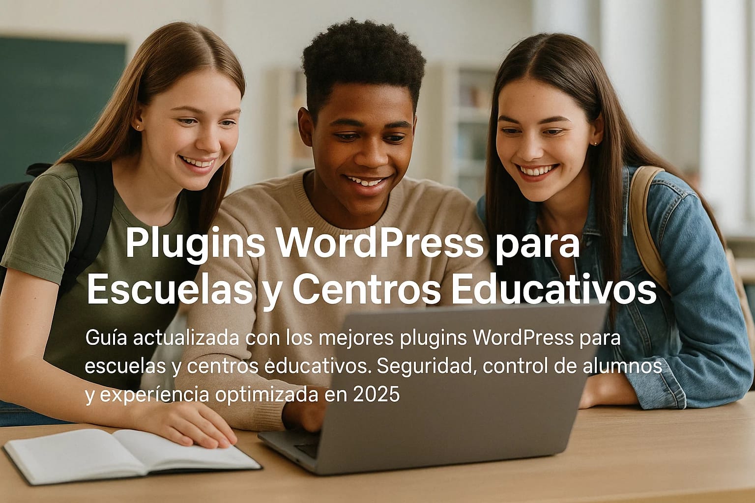 Diseño Web para Academias en Madrid 40 Grupo de estudiantes sonrientes frente a un portátil, guía sobre plugins educativos para optimizar webs escolares en 2025.