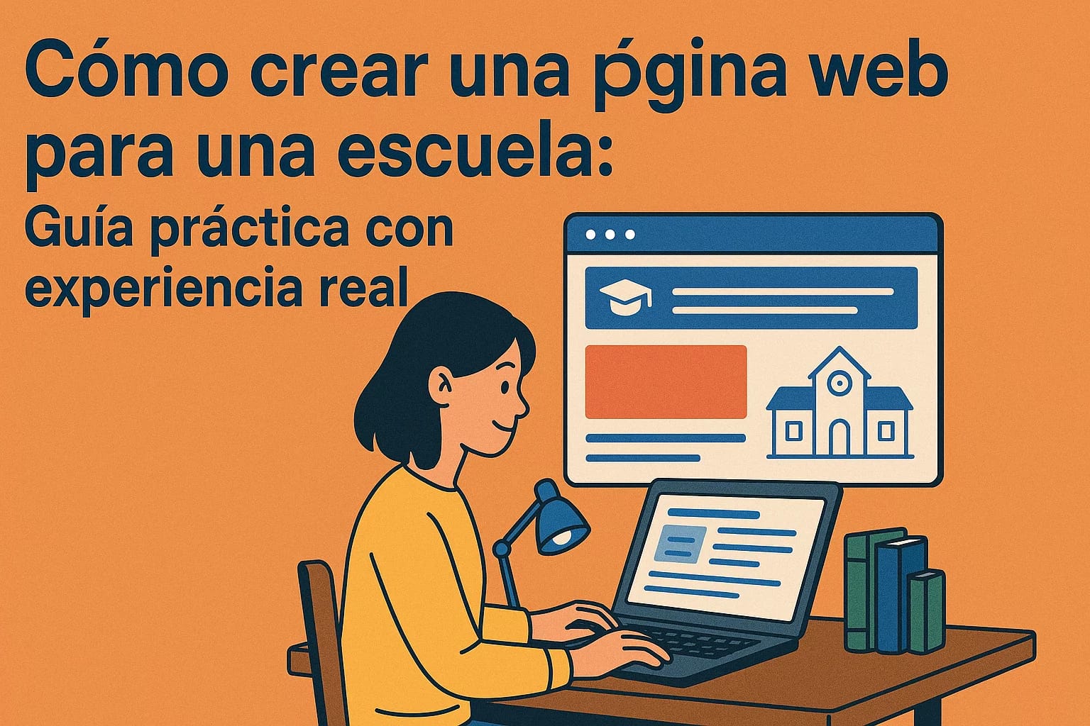 Diseño Web para Academias en Madrid 41 Persona en escritorio diseñando página web escolar, rodeada de libros y lámpara, promoviendo guía de diseño en Madrid.