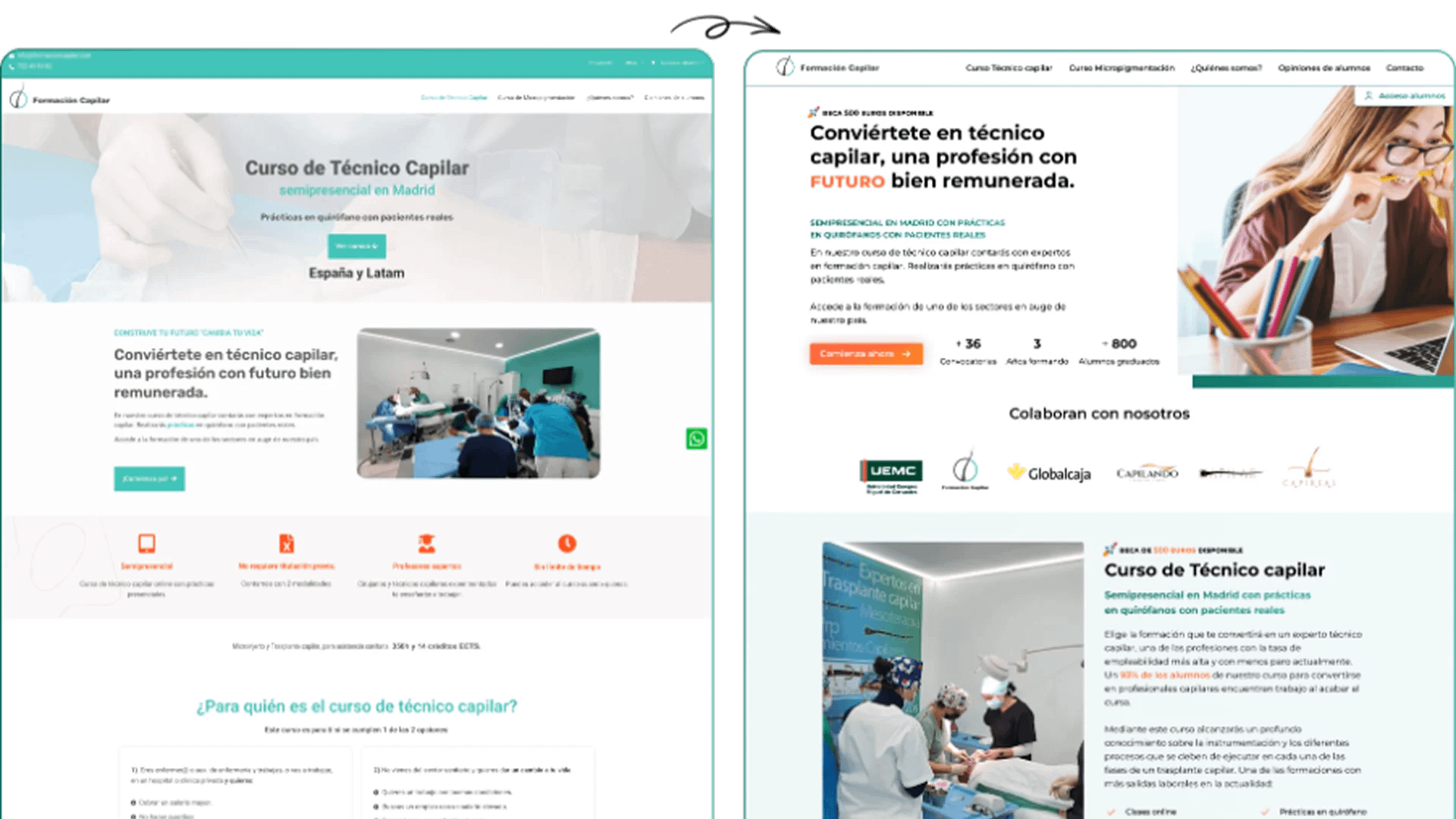 Diseño web para clínicas capilares en Madrid 43 Cursos de técnico capilar con imágenes de procedimientos y cuidadores, destacando formación en Madrid.