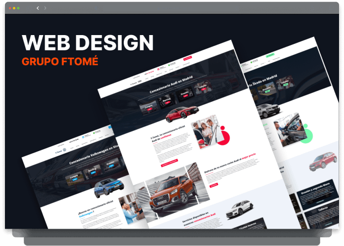 Diseño web responsivo para concesionaria de autos en Madrid, incluye imágenes de vehículos y servicios de la clínica.