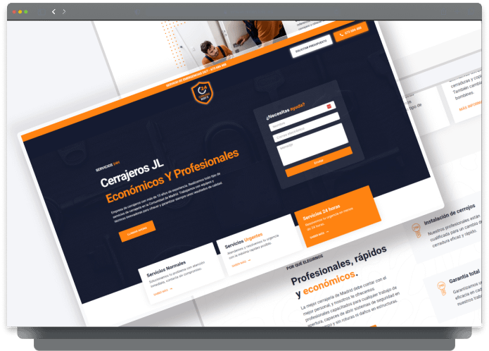 Página web moderna para cerrajeros con esquema de color azul y naranja, resalta servicios rápidos y económicos.