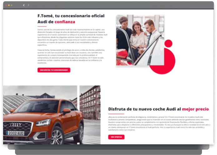Diseño Web para Concesionarios en Madrid 20 Concesionario Audi con auto naranja brillante y clientes satisfechos, ideal para servicios de automóviles en Madrid.