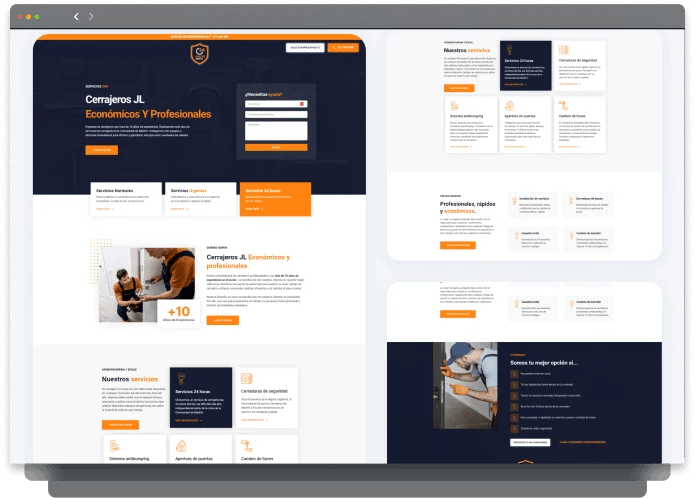 Sobre nosotros | Especialistas web en Madrid 51 Página web de cerrajeros con diseño profesional y secciones destacadas, ideal para servicios en Madrid.