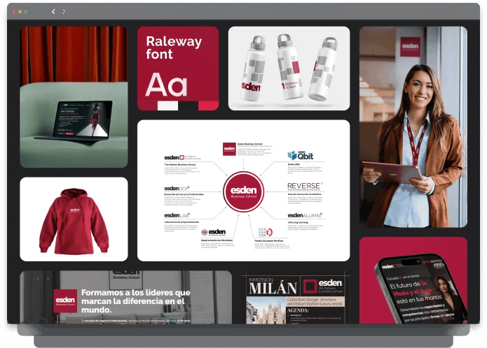 Sobre nosotros | Especialistas web en Madrid 49 Portafolio de diseño de marca con ejemplos de tipografía, productos, y representación visual corporativa.