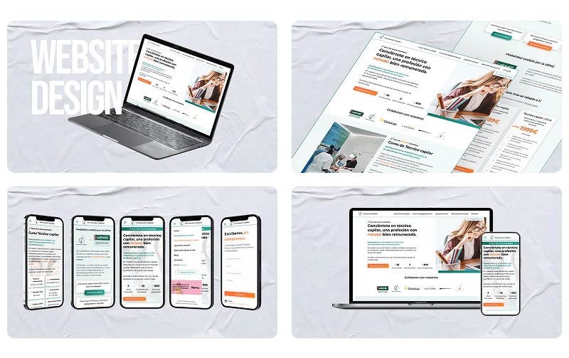 Diseño web para clínicas capilares en Madrid 44 Diseño de sitio web en dispositivos, enfocado en clínicas capilares en Madrid, mostrando detalles de formación.